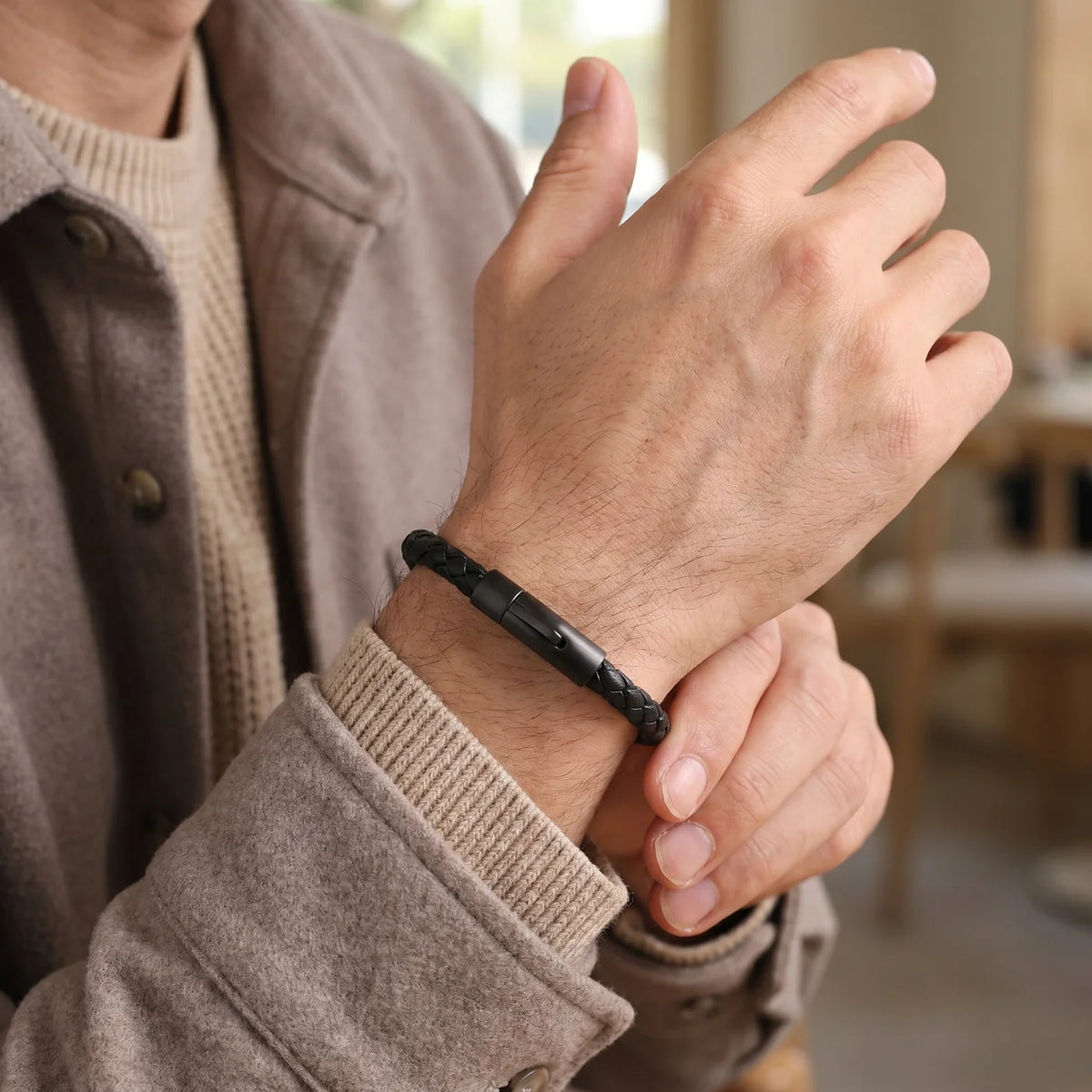 Personalized Leather Bracelet with Hidden Custom Message - Black