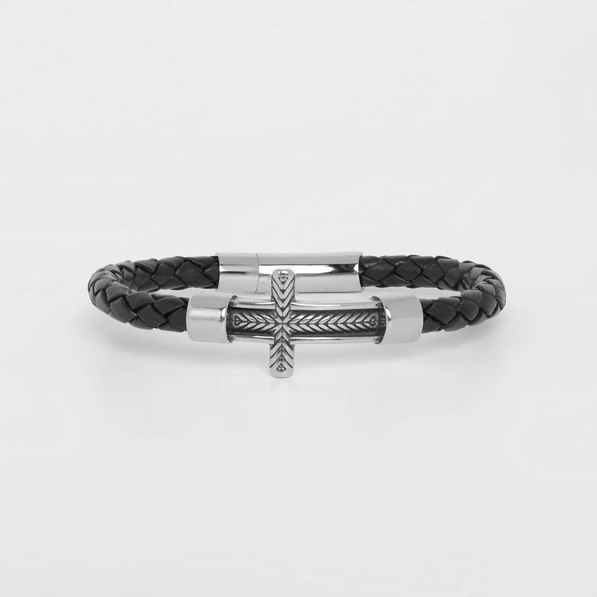 The Heritage Cross — Personalized Engraved Leather Bracelet for Men