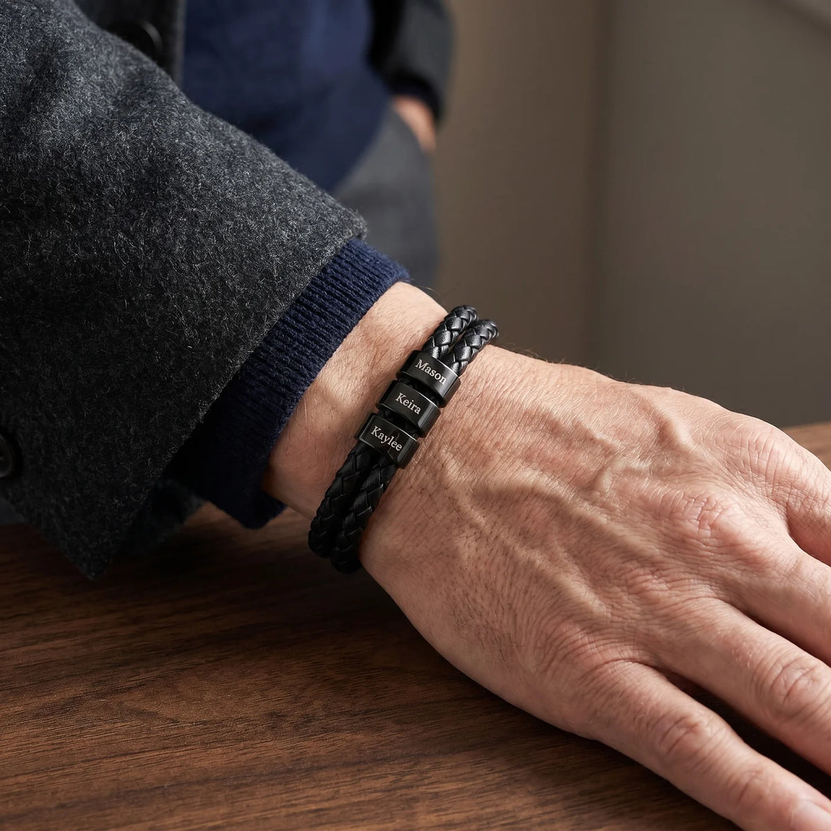 Men's Personalized Leather Bracelet with Kids Names