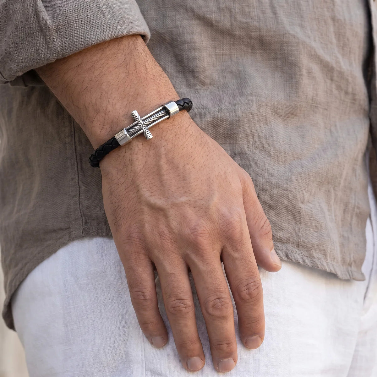 The Heritage Cross — Personalized Engraved Leather Bracelet for Men