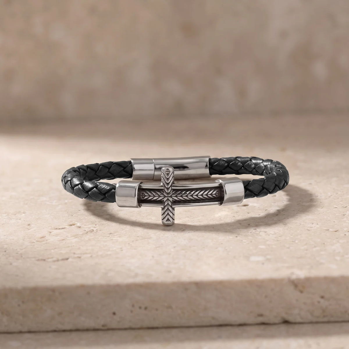 The Heritage Cross — Personalized Engraved Leather Bracelet for Men