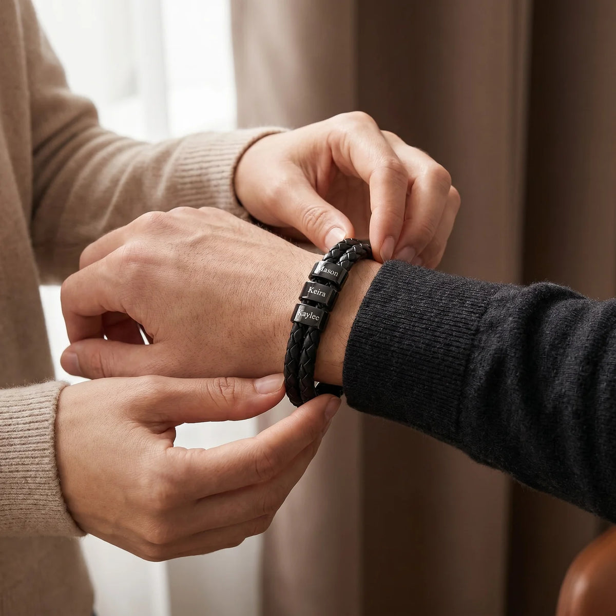 Men's Personalized Leather Bracelet with Kids Names
