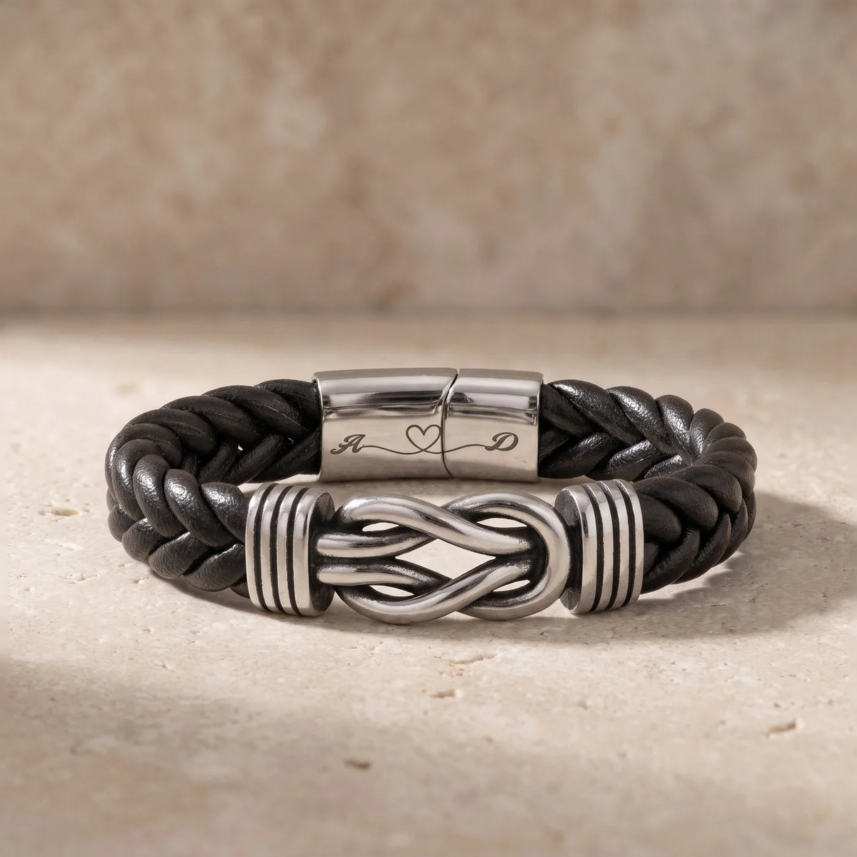 Men's Personalized Black Leather Knot Bracelet